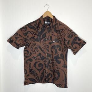 Rex Hawaiian Shirt Mens Medium Short Sleeve Brown Black Tribal Print